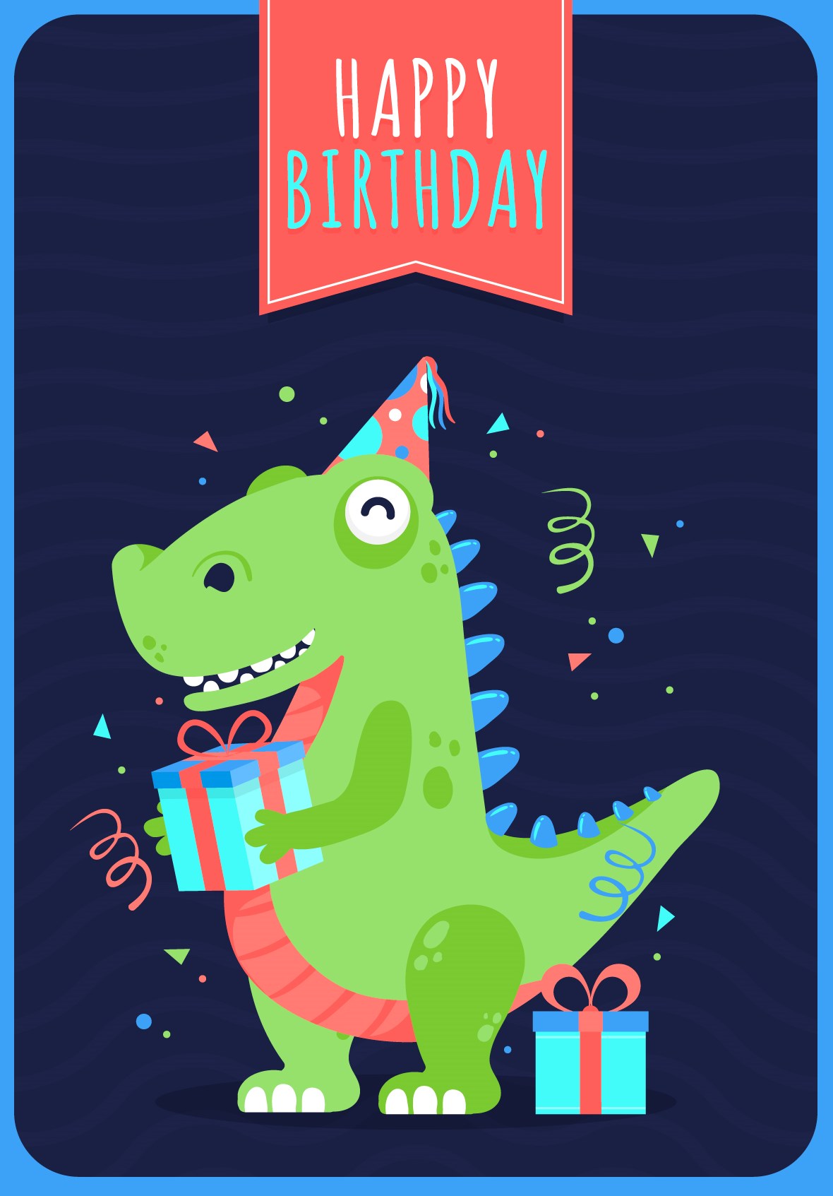 Gezeichneter Dino mit Geschenk und Partyhut - Happy Birthday